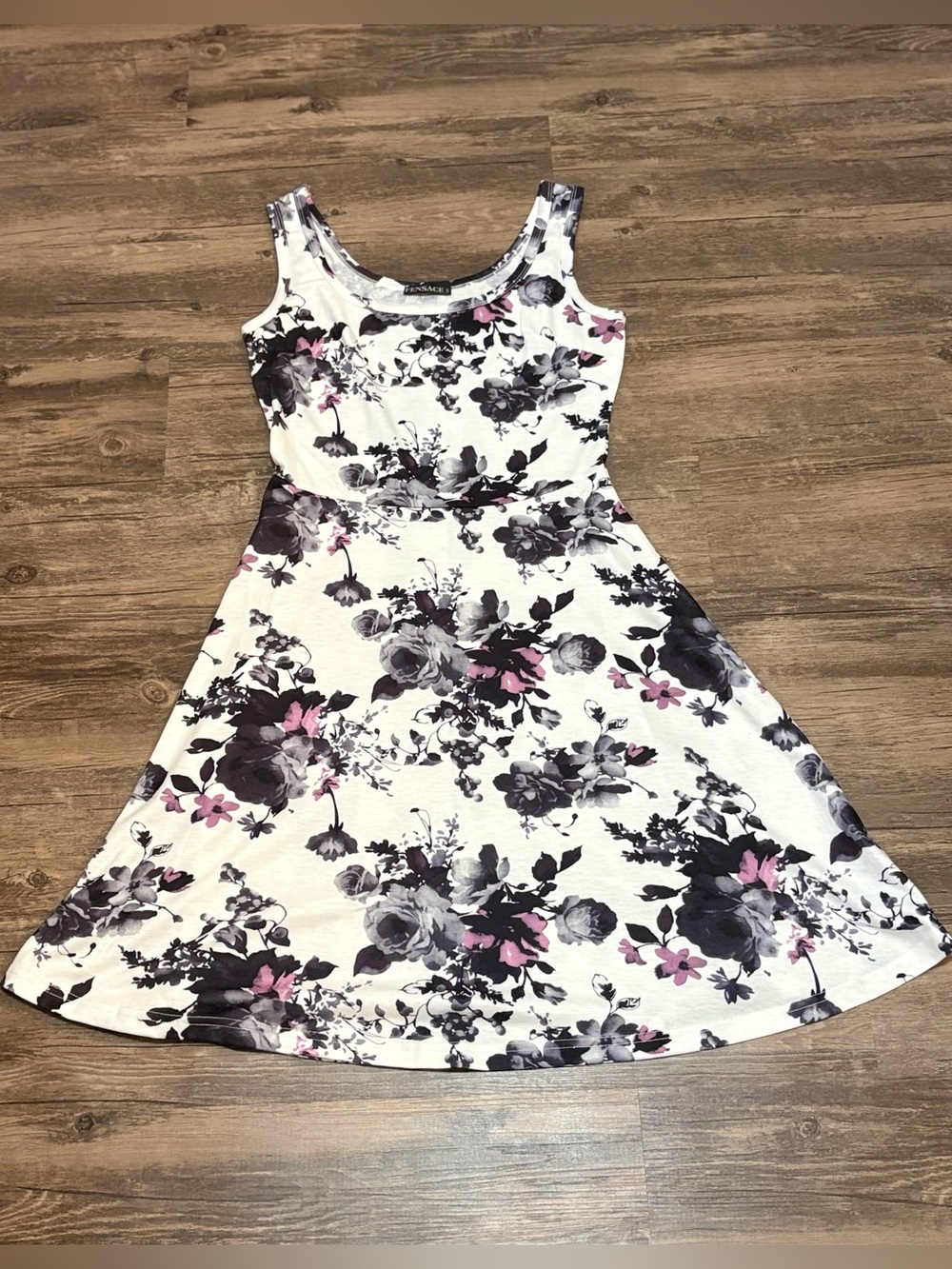 Sleeveless Floral Fit & Flare Mini Dress in White with Black and Pink Print